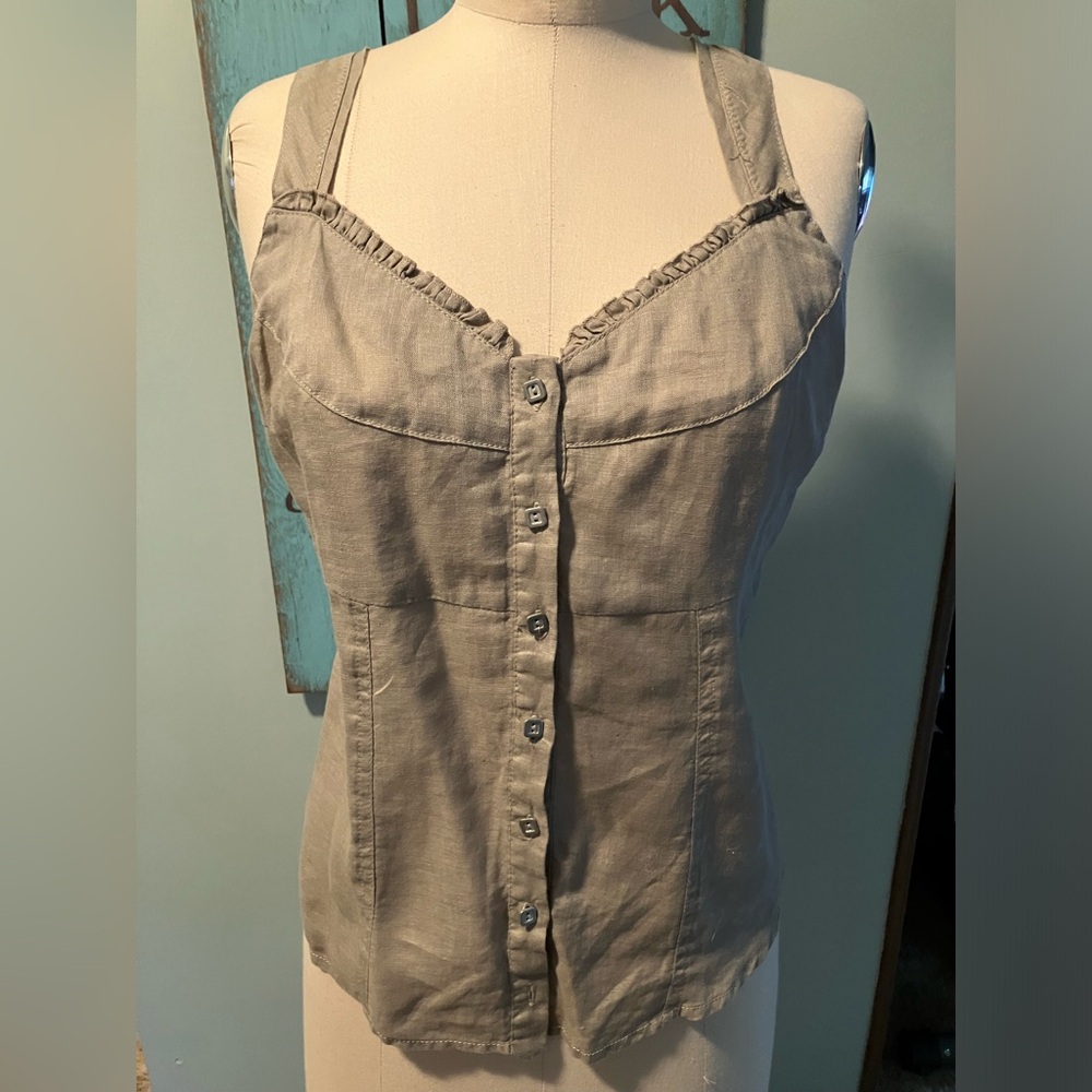 Patrice Beal linen button front top with lace up details in the back . Size 40
